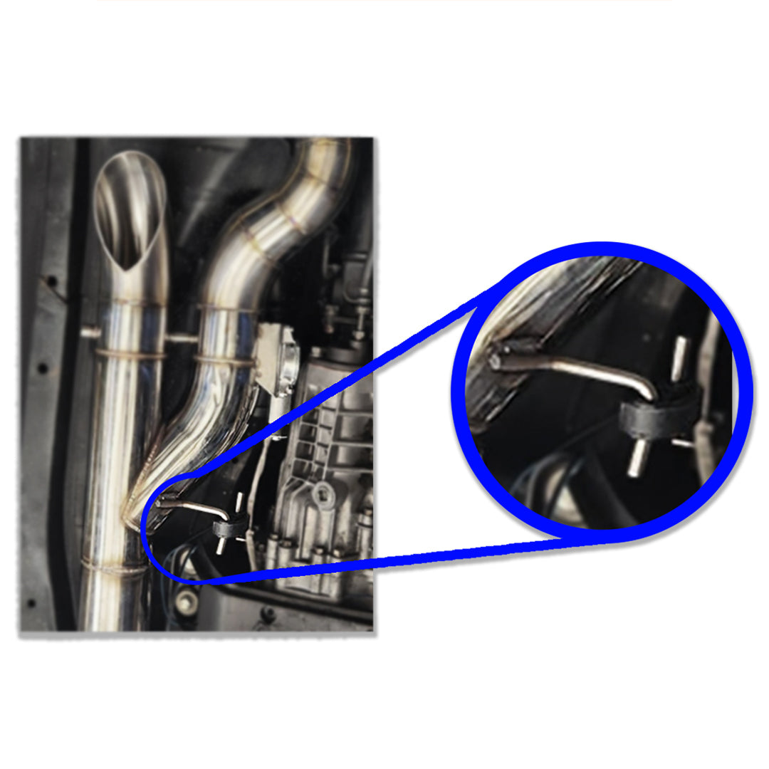 304 stainless round bar used as a custom exhaust hanger mounted to rubber isolator