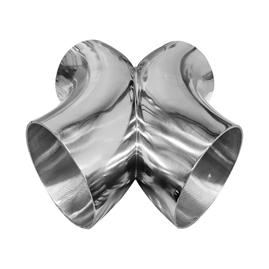 Alternate view of 304 stainless true X-pipe showing crossover design