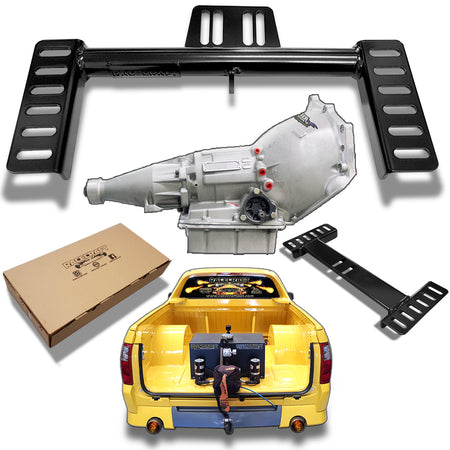 LS conversion transmission crossmember shown with Holden Commodore application, gearbox and Racecraft packaging