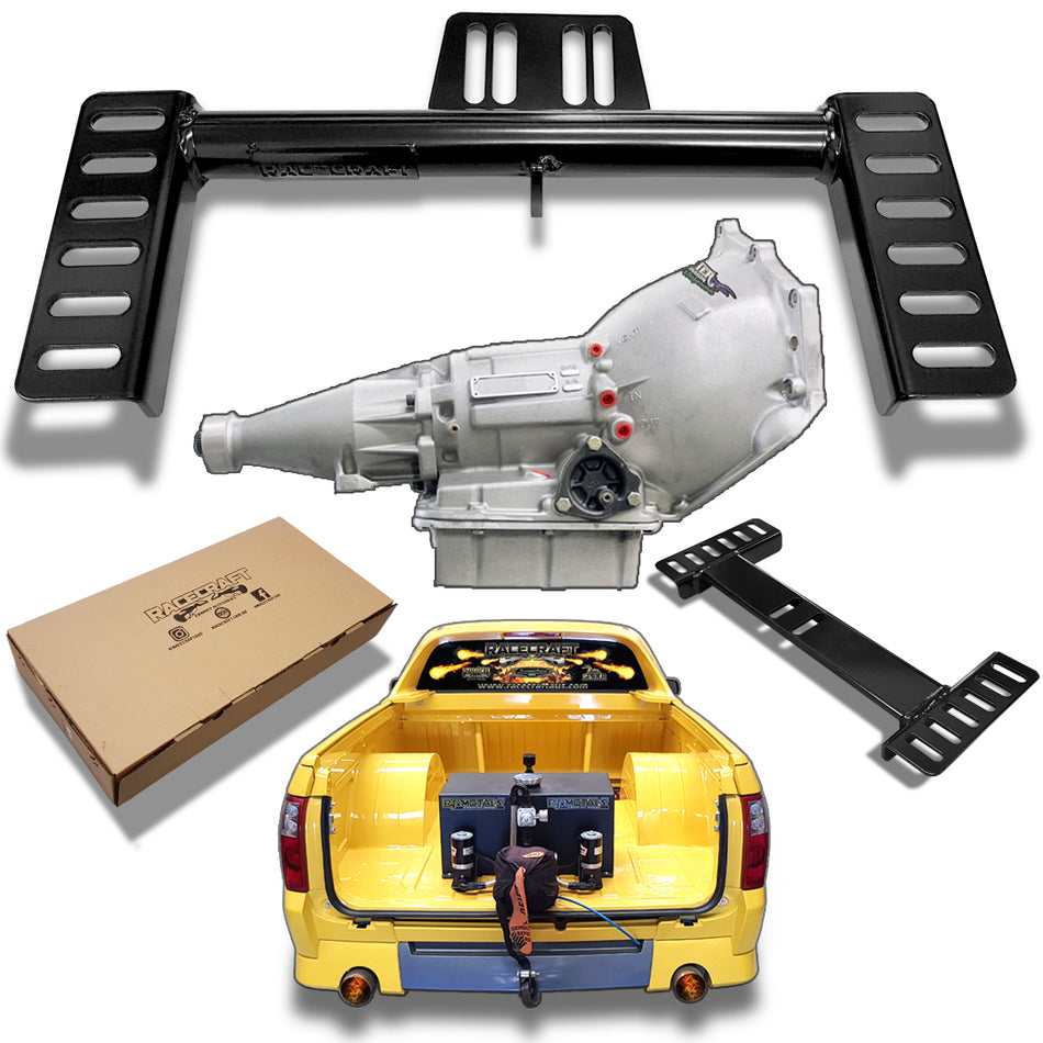 LS conversion transmission crossmember shown with Holden Commodore application, gearbox and Racecraft packaging