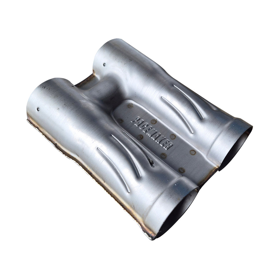 Angled view of Pacemaker 409 stainless steel H-pipe exhaust balance pipe