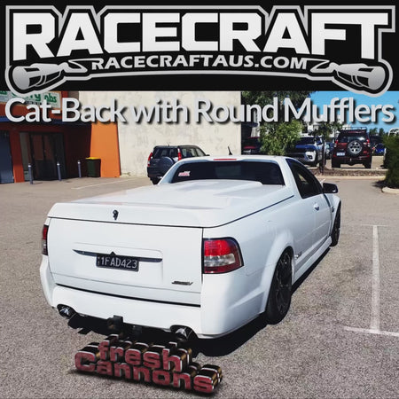 racecraft round stainless muffler on holden commodore ute with cat back exhaust system