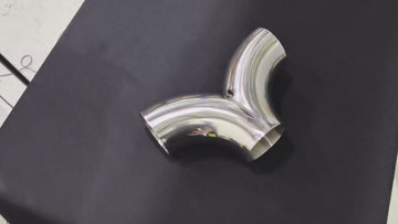 Overview of Racecraft 304 stainless Y-pipe exhaust splitter showing true 3″ inlet to dual 3″ outlets