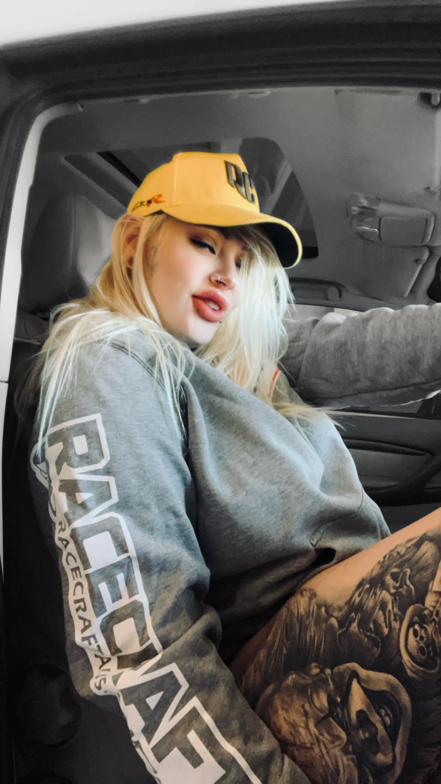 racecraft nsl grey hoodie female model in car