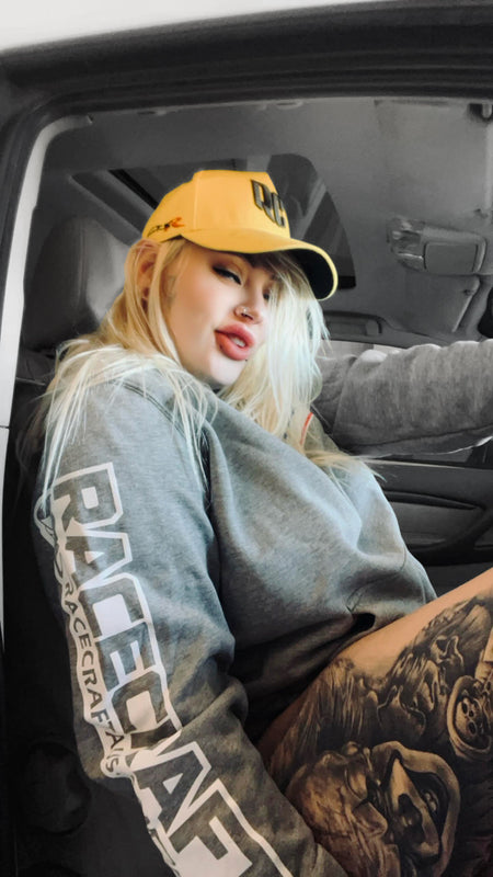 racecraft nsl grey hoodie female model in car
