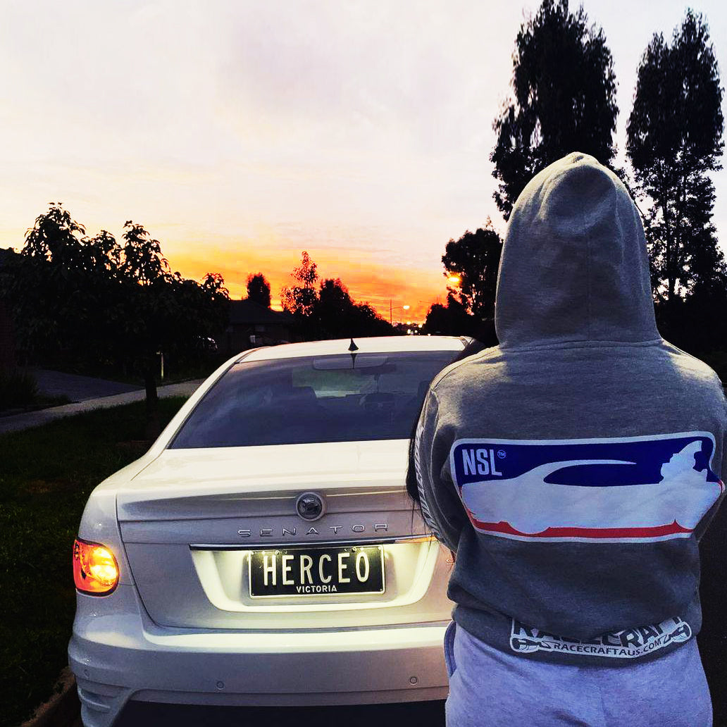 racecraft nsl grey hoodie rear view lifestyle shot
