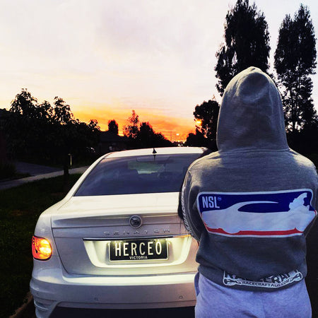racecraft nsl grey hoodie rear view lifestyle shot