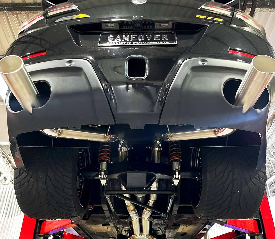 racecraft stainless exhaust tube for custom exhausts on drag car view from underneath