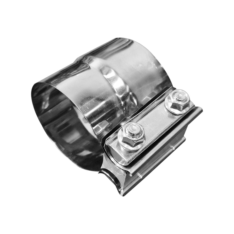 Angled view of stainless steel exhaust lap clamp showing clamp band and fasteners