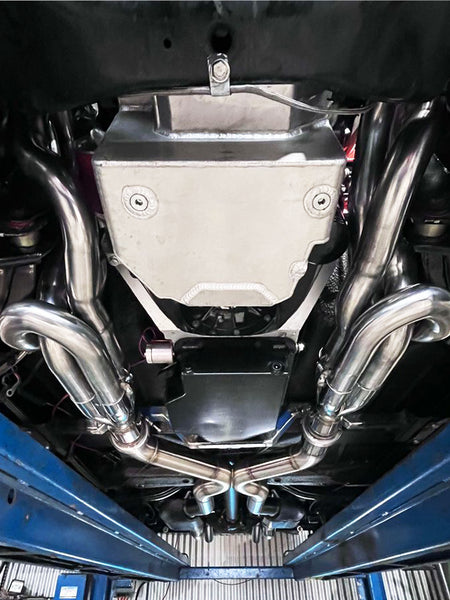 racecraft stainless steel merge collectors custom headers under vehicle