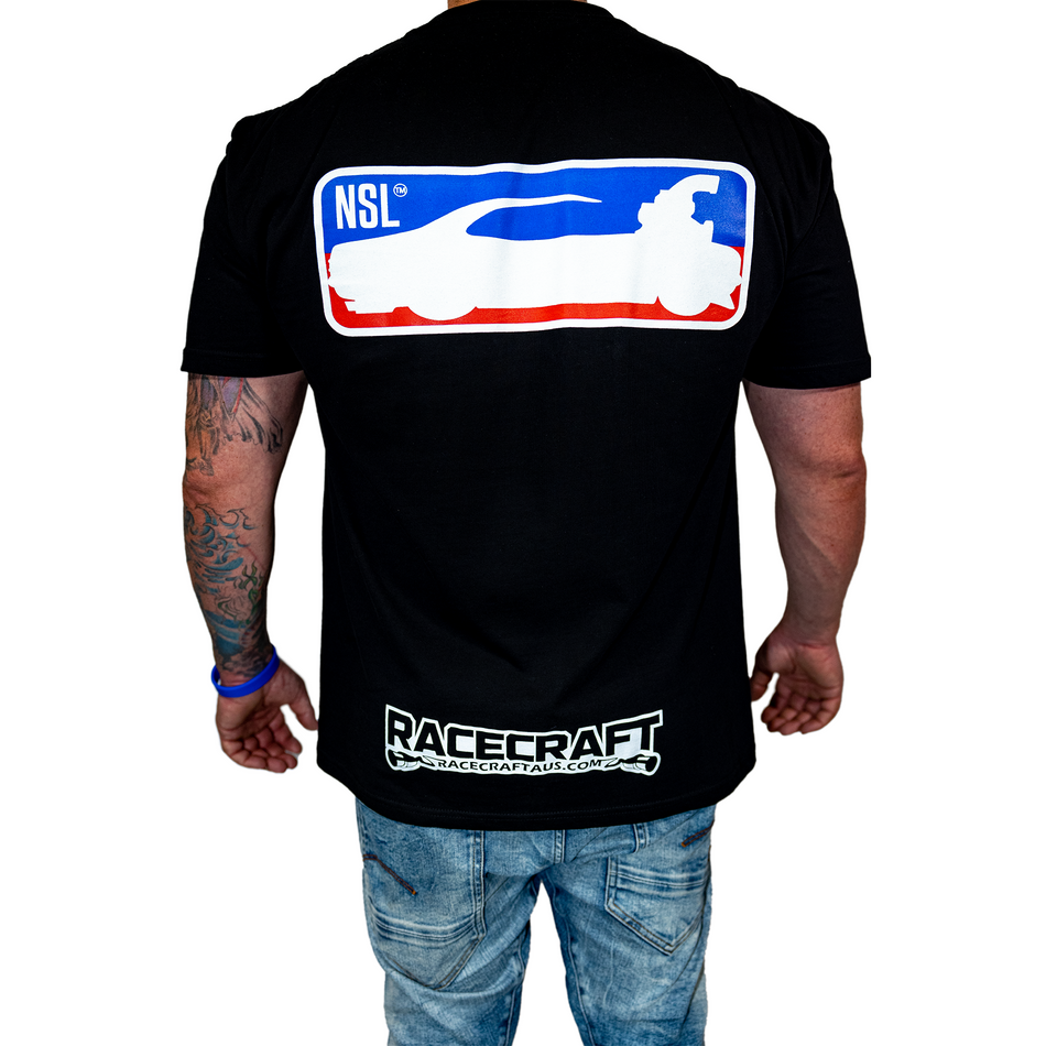 racecraft nsl t-shirt with nsl logo and racraft logo visible