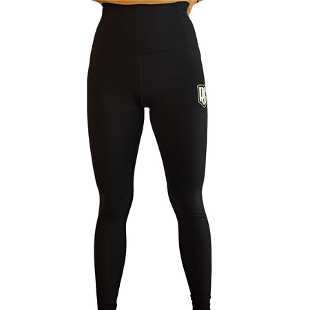 A pair of high-waisted black leggings with a small RC logo on the upper left thigh and a larger logo on the upper right leg.